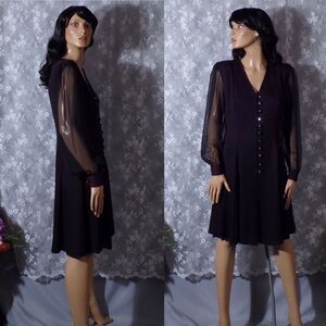 Vintage 90s Dress 1990s Black Cocktail Dress Chic Glam Sheer Sleeves Size Medium